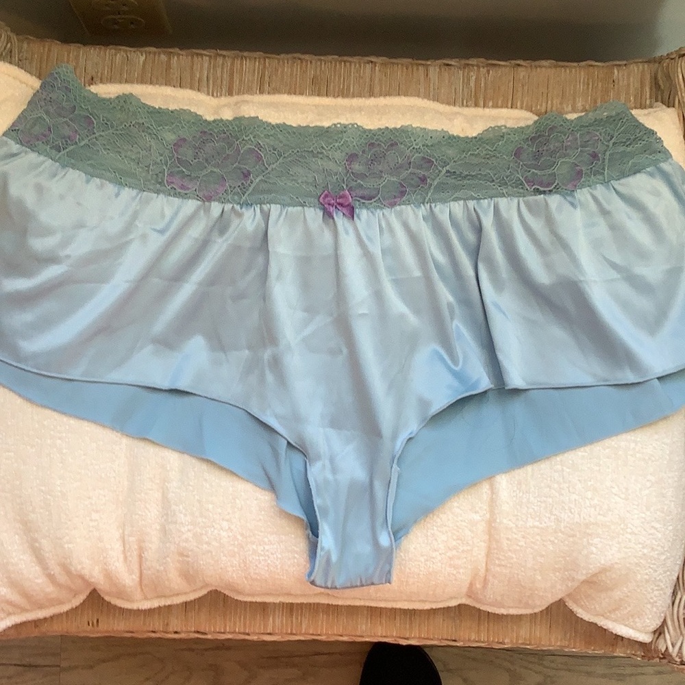 Samantha Chang Light Blue Satin Hipster with Sage Lace and Purple Bow